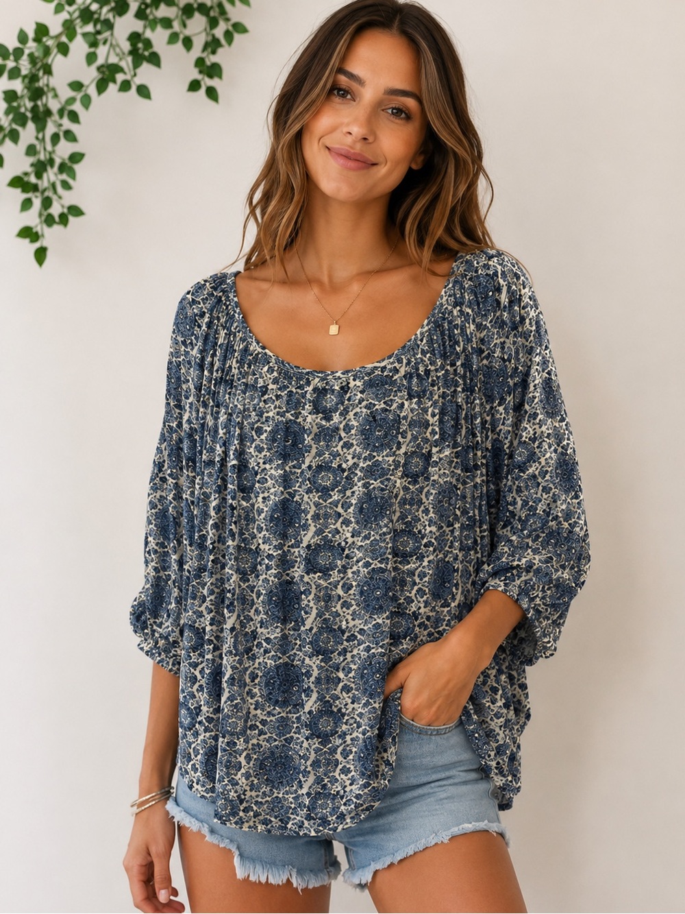 Lucky Brand John Robshaw Blue Beige Boho Peasant Top Dolman Sleeve Cottagecore